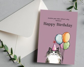 Printable Cat Birthday Card, Adorable and Funny Cat Pun