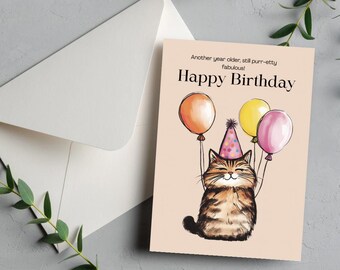 Printable Cat Birthday Card, Adorable and Funny Cat Pun