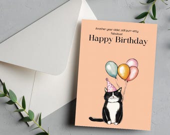 Printable Cat Birthday Card, Adorable and Funny Cat Pun