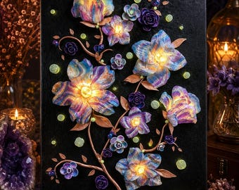 Geode Petal Midnight Bloom Series~ 3D LED Hand Sculpted Canvas Art 11"x14"