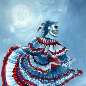 May include: A painting of a skeleton wearing a colorful, ruffled dress and dancing under a full moon. The skeleton has a white skull with black eyes and a red mouth. The dress is white, red, and blue with a layered, ruffled skirt.