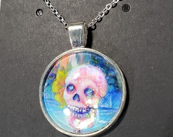 Pink Skull Girl (Hand Painted/Embellished) Pendant Cabochon Silver Necklace Original Artwork by Artist Heather Calderon