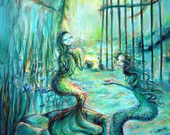Original Painting 'Green Mermaids' acrylic and oil on canvas