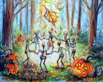 Skeletons in Fall Forest;  Original Painting Acrylic Canvas Art by artist Heather Calderon