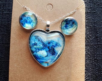 Sea Horses (Hand Embellished) Heart Pendant Cabochon Necklace plus Earrings! Original Artwork by Artist Heather Calderon