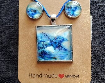 Sea Horses (Hand Embellished) Square Pendant Cabochon Necklace plus Earrings! Original Artwork by Artist Heather Calderon