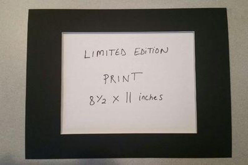 Puede incluir: Una moldura negra con un inserto de papel blanco. El inserto de papel tiene el texto "LIMITED EDITION PRINT 8 1/2 x 11 inches" escrito en tinta negra.