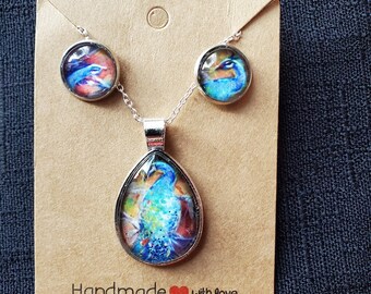 Peacocks Pendant Cabochon Teardrop Necklace with Earrings, Hand embellished Original Artwork  by Artist Heather Calderon