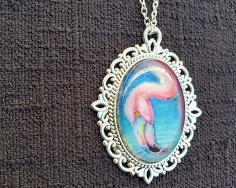 Flamingo  (Hand Embellished) Pendant Cabochon Necklace Original Artwork by Artist Heather Calderon