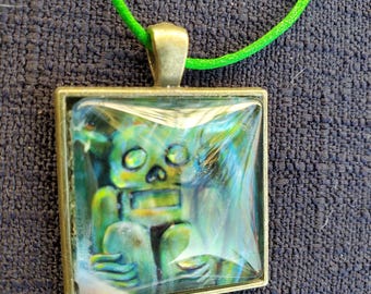 Tiki Man (Hand Embellished) Pendant Cabochon Necklace Original Artwork by Artist Heather Calderon