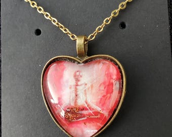 Meditating Skeleton Red Gold Heart Pendant Necklace Cabochon,  Hand embellished Original Artwork by Artist Heather Calderon
