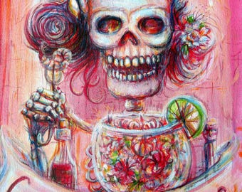Day of the Dead, Skeleton with Shrimp Cocktail,  'Coctel de Camarones' signed print by artist Heather Calderon