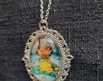 Frog Prince fancy oval  Pendant Necklace Cabochon,  Hand embellished Original Artwork  by Artist Heather Calderon