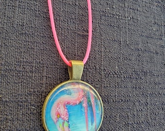 Flamingo Cabochon Necklace Hand embellished Original Artwork by Artist Heather Calderon