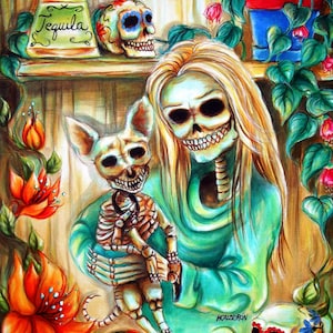 Day of the Dead, Skeleton Print titled, &#39; Mi Perrito&#39; by artist Heather Calderón