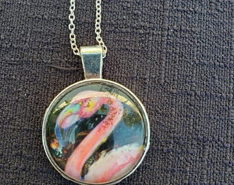 Flamingo Circle (Hand Embellished) Pendant Cabochon Necklace Original Artwork by Artist Heather Calderon