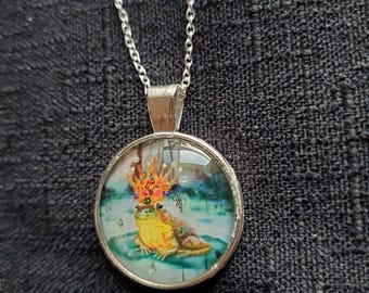 Frog Prince Circle Pendant Necklace Cabochon,  Hand embellished Original Artwork  by Artist Heather Calderon