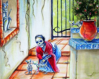 Day of the Dead, Skeleton print titled 'Mis Gatos' by artist Heather Calderon