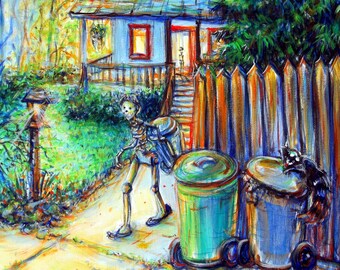 Original Skeleton Painting,  'Take Out the Trash'  by Artist Heather Calderón