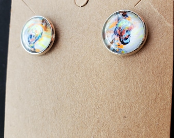 Beach Skeleton, Stud style, Circle Cabochon Earrings Hand Embellished Original, one of a kind by Artist Heather Calderon