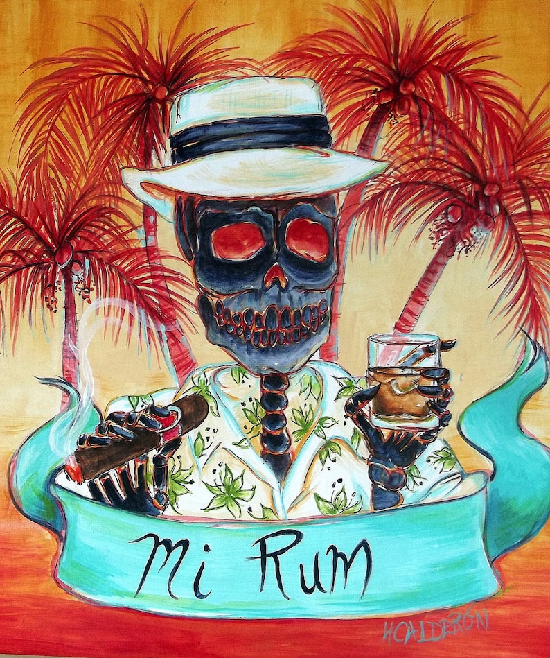 Puede incluir: Un esqueleto con un sombrero blanco y una camisa tropical, sosteniendo un vaso de ron y un cigarro, con palmeras en el fondo. El texto "Mi Rum" est&aacute; escrito en una pancarta azul.