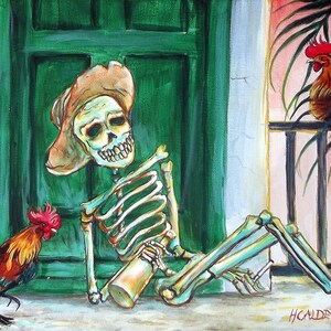 May include: A skeleton wearing a cowboy hat sits with a glass of liquid in its hand. Two roosters, one red and one brown, are on either side of the skeleton. The background is a green door and a pink wall with a window.