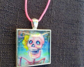 Pink Skull Girl (Hand Embellished) Pendant Cabochon Necklace Original Artwork by Artist Heather Calderon