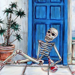 May include: A painting of a skeleton sitting on a porch with a bottle of red wine. The skeleton is wearing a white skull and has a blue door behind it. The painting is set against a backdrop of a blue ocean and a white sky.