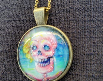Pink Skull Girl (Hand Painted/Embellished) Pendant Cabochon Necklace Original Artwork by Artist Heather Calderon