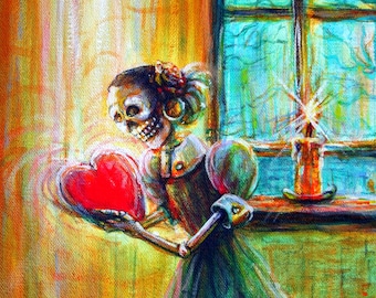 Skeleton Holding Heart Print 'Missing You'  by artist Heather Calderon