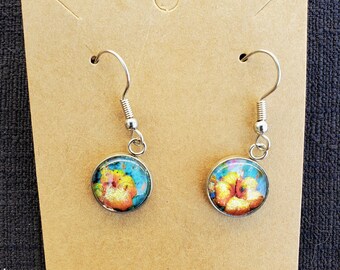 Hibiscus Dangle Circle Cabochon Earrings (silver)  Hand Embellished Original, one of a kind by Artist Heather Calderon