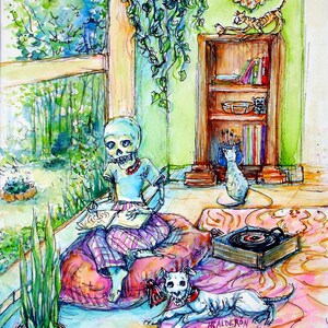 May include: Watercolor illustration of a skeleton reading on a pillow, with a dog, record player, and bookshelf. The room has a window with a view of trees, a clock, and hanging plants. The color palette includes blues, greens, pinks, and oranges.