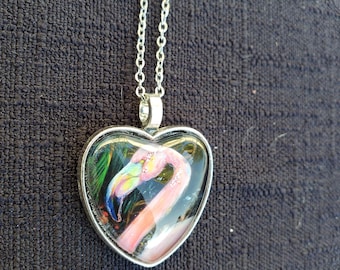 Flamingo Heart (Hand Embellished) Pendant Cabochon Necklace Original Artwork by Artist Heather Calderon