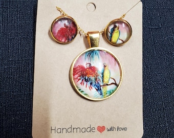 Parrots Pendant Cabochon Necklace plus Earrings! Original Artwork hand embellished by Artist Heather Calderon