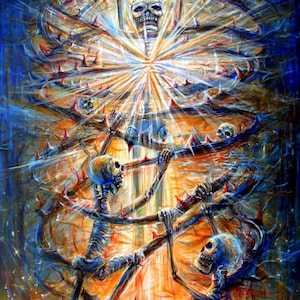 May include: An abstract painting featuring a skeletal figure at the top, radiating light. Below, several skeletal figures are intertwined with thorny vines. The color palette includes blues, oranges, and yellows, creating a dramatic and surreal composition.