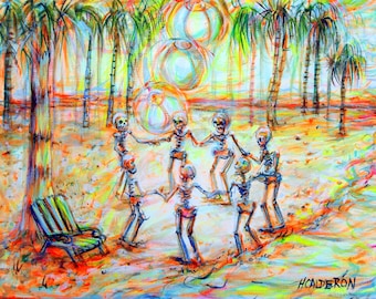 Skeletons with  Beach Balls;  Original Painting Acrylic Canvas Art by artist Heather Calderon