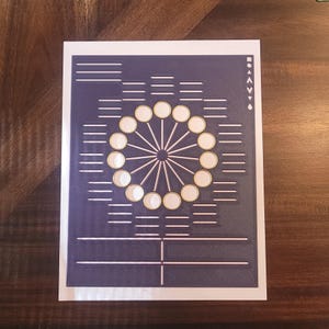 May include: A purple card with a white circle containing 12 smaller white circles with gold outlines. The smaller circles are arranged in a circle around a central point. There are lines radiating from the center to each of the smaller circles. The card has a white border.