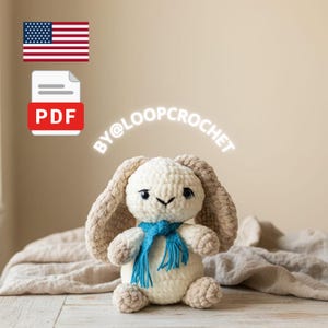 May include: A cream and tan crochet bunny with a blue scarf. The bunny has long, floppy ears and small black eyes. The image includes the text "by@loopcrochet" and a PDF icon.