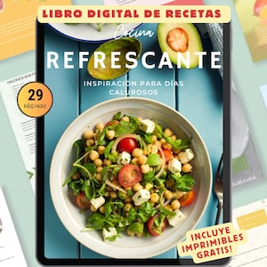 Libro electrónico de recetas refrescantes: ensaladas fáciles, platos fríos, bebidas y postres. Planificador de comidas imprimible y digital.