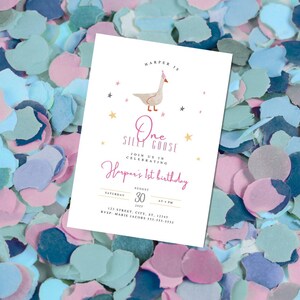 One Silly Goose First Birthday Invitation, 1st Birthday Goose Party Invitation, One Silly Goose Birthday Invitation Girl, Editable Template