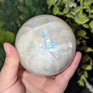 May include: A round, iridescent moonstone sphere. The polished stone displays a milky white base with flashes of blue and gold. The sphere is held in a hand against a backdrop of green foliage.