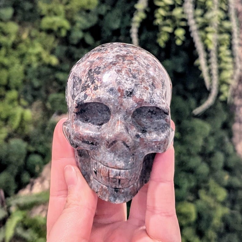May include: A carved stone skull with a detailed design. The skull is gray with red and black speckles. The eye sockets and nasal cavity are dark, and the teeth are visible. The skull is held in a hand against a blurred green background.