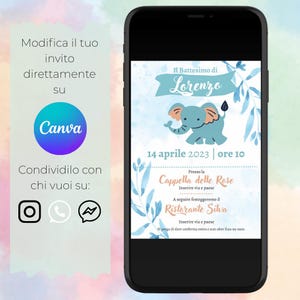Modello editabile di Invito Battesimo elefantino blu, Modello invito modificabile con Canva, Modello di file digitale, Invito Green Download