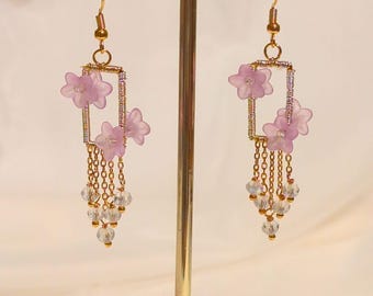 Handmade Pink Cherry Blossom Dangle Earrings | Gold Frame Floral Earrings | Cascading Chain Drops | Delicate Sakura Jewelry