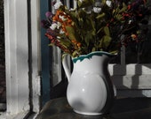 Vintage White And Dark Green Ironstone Pitcher Country Kitchen Flower Vase