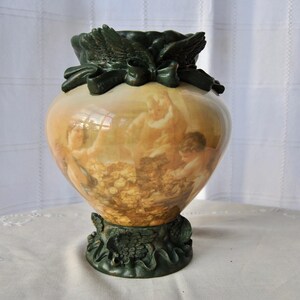 Antique Art Nouveau Italianate Porcelain Jardiniere, Carved Composite Base: Large Vase, Renaissance Cupid Painting