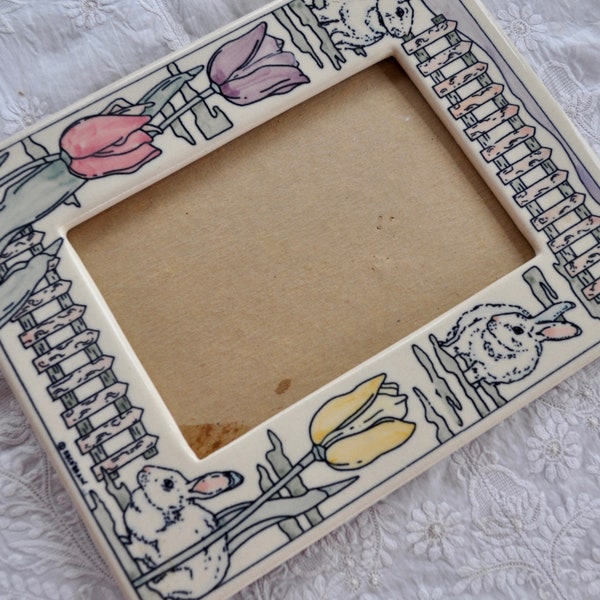 Tulips and White Rabbits Hand Painted Ceramic Frame/Vintage 1980s/Pretty Easter Springtime Picture Frame