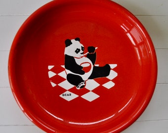 Vintage Waechersbach Panda Bear Flat Bottom Bowl/Bright Red Ceramic Super Wide Bowl