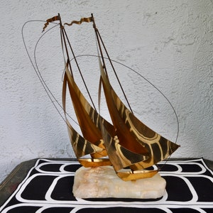 Vintage 70s Brutalist Jere De Mott Double Sail Boat Sculpture W Travertine Base/Brass Copper Torch Cut MCM/Maritime Decor/Gift for Dad
