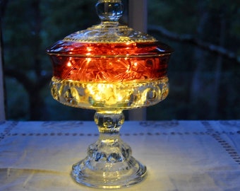 Vintage Tiffin Cranberry Glass Compote/Vintage 1930s/King's Crown Thumprint Covered Pedestal Bowl/Repurposed as Accent Light Tea Light